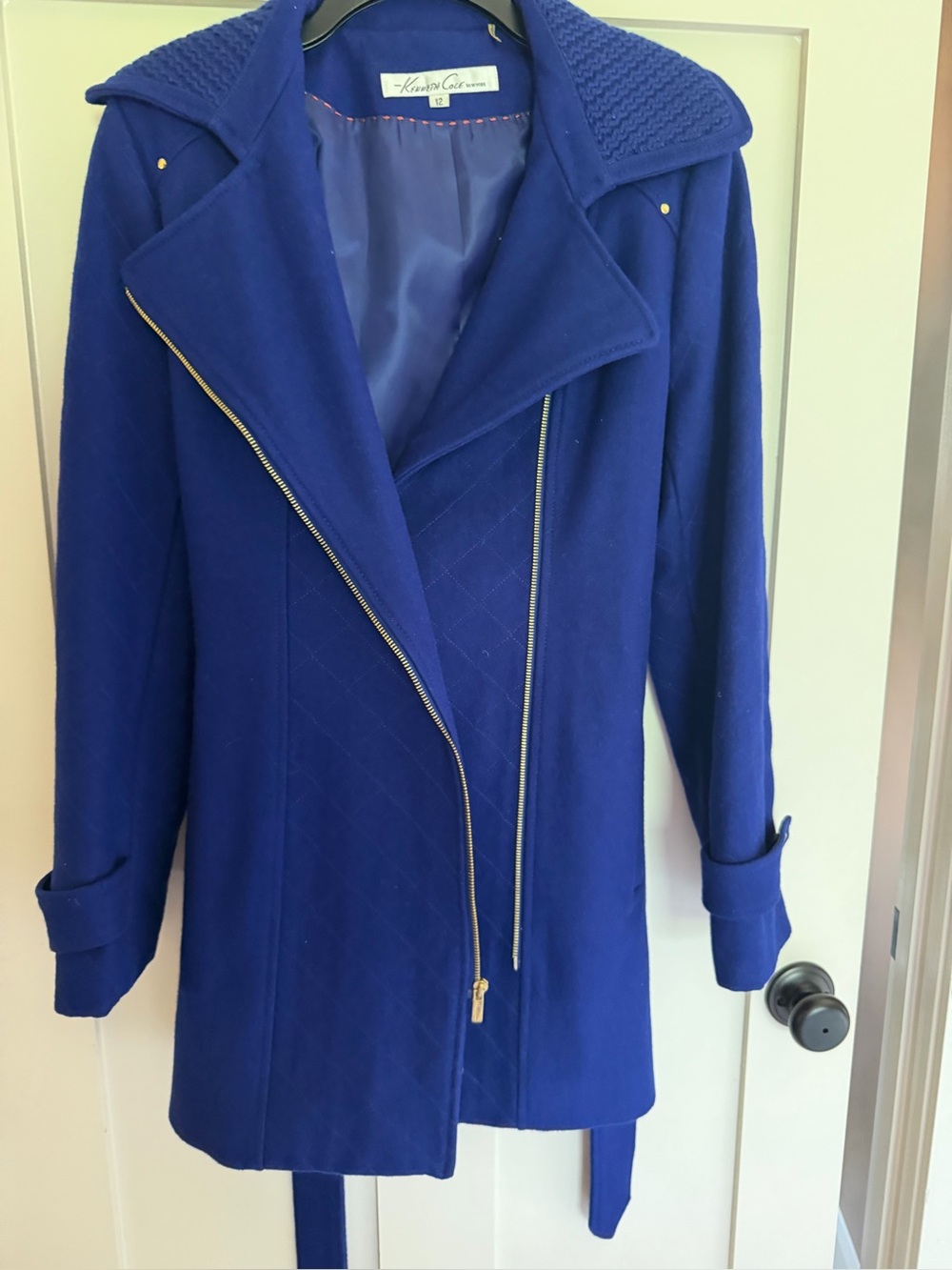 Kenneth Cole New York Cobalt Blue Wool-Blend Asymmetrical Zip Pea Coat